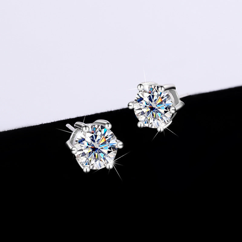 Moissanite Six-claw Ear Studs, 925 Sterling Silver