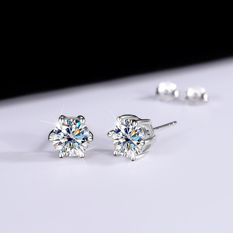 Moissanite Six-claw Ear Studs, 925 Sterling Silver