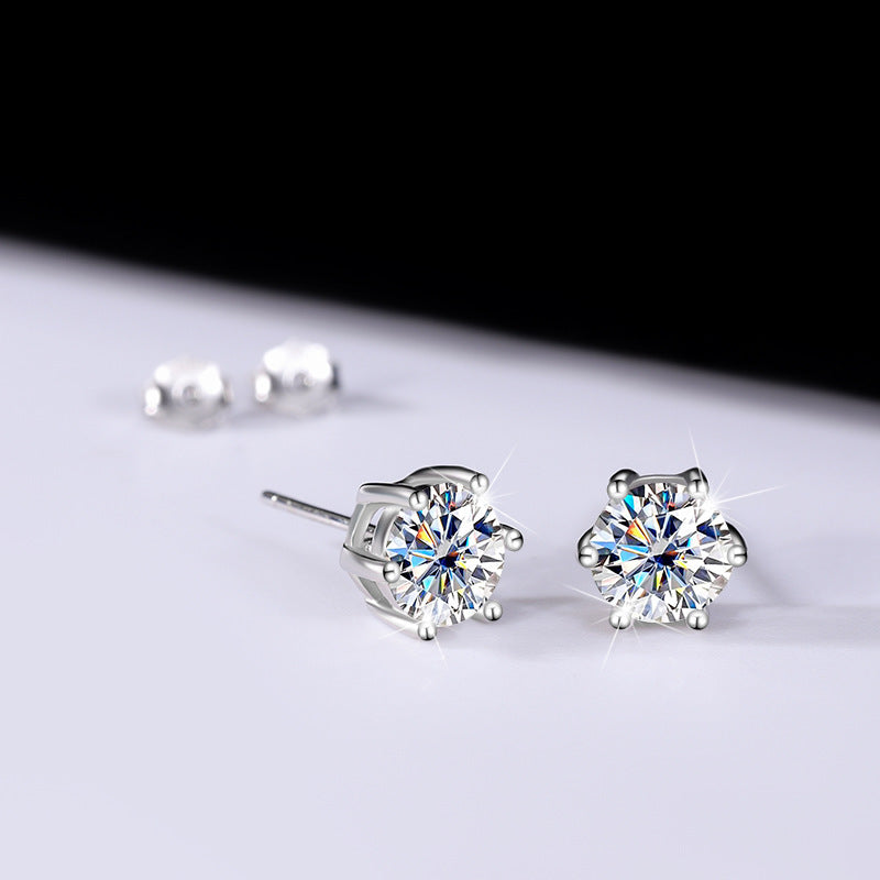 Moissanite Six-claw Ear Studs, 925 Sterling Silver