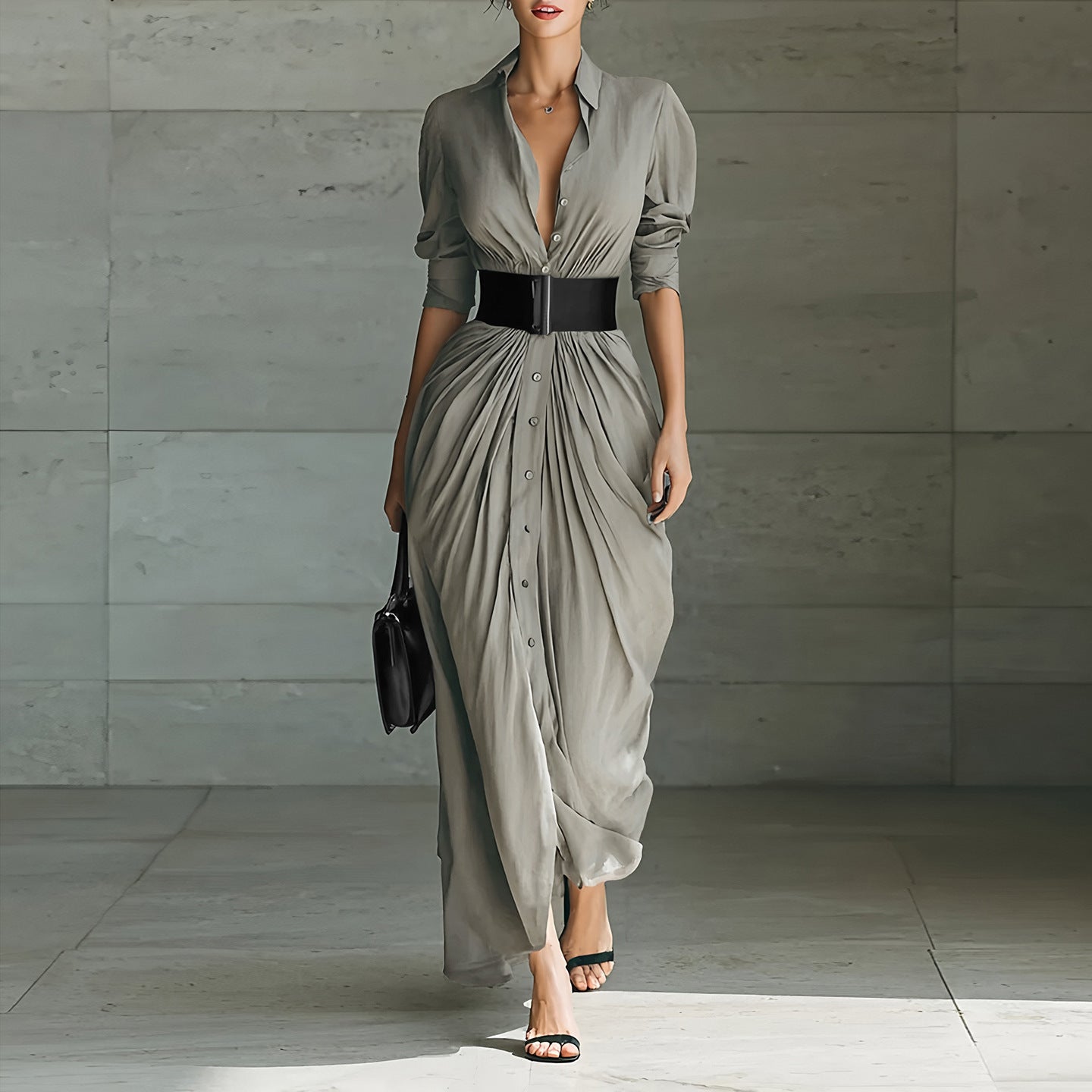 Elegant Lapel Dress With Belt