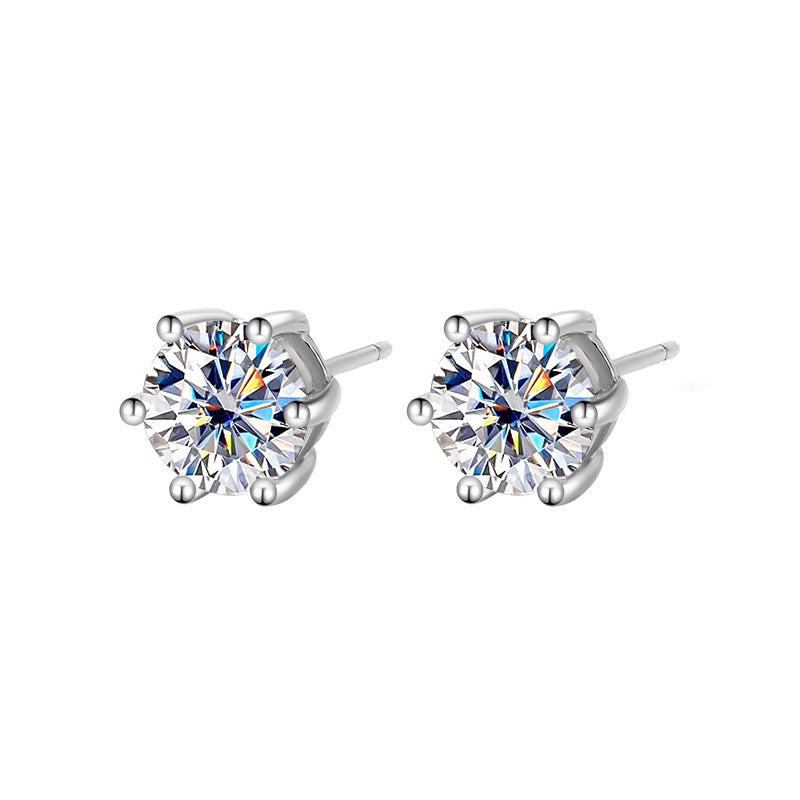 Moissanite Six-claw Ear Studs, 925 Sterling Silver