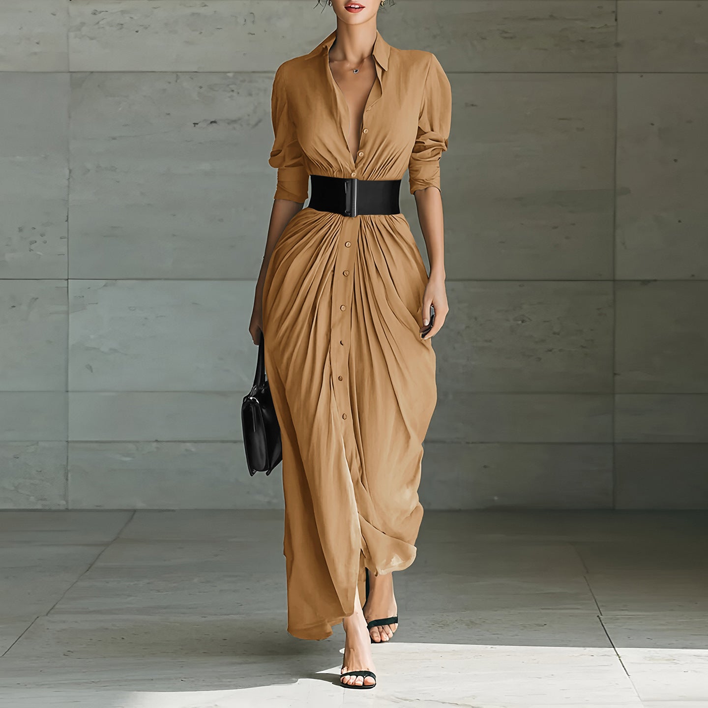Elegant Lapel Dress With Belt