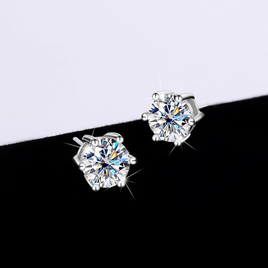 Moissanite Six-claw Ear Studs, 925 Sterling Silver