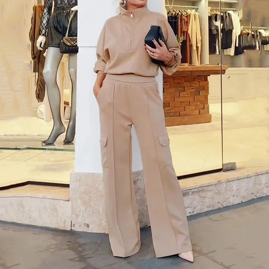 Women's Lapel Short Top High Waist Wide Leg Pants Two-piece Set